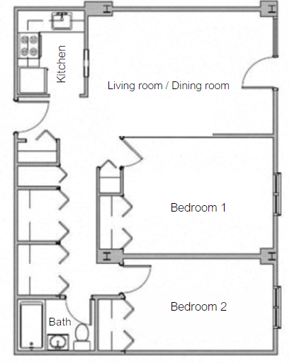 Two Bedroom One Bathroom Floorplan Jaclen Towers, Beverly, MA.